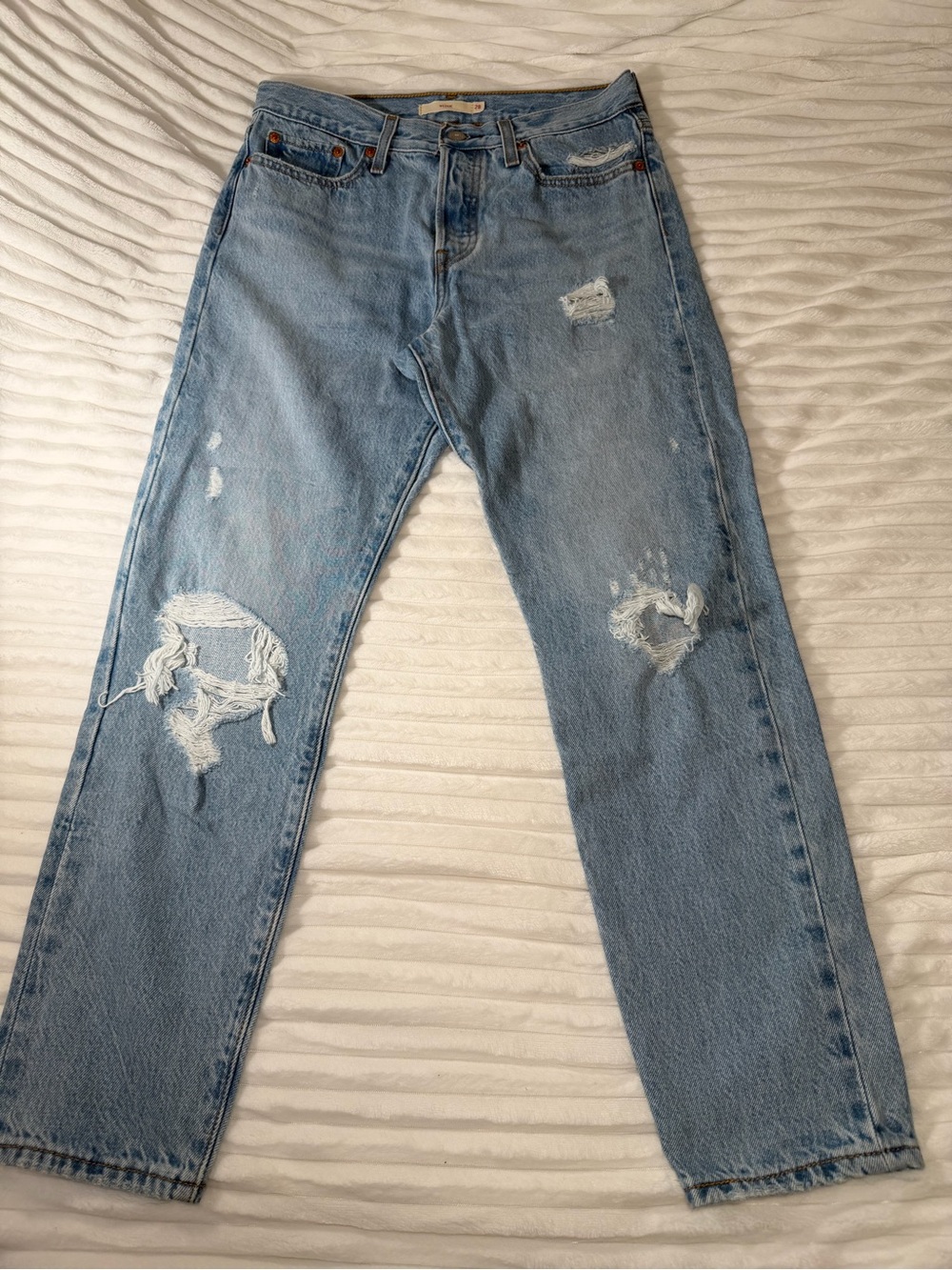Levis with capital E Light Blue Wedge Distressed Straight Jeans - Women
